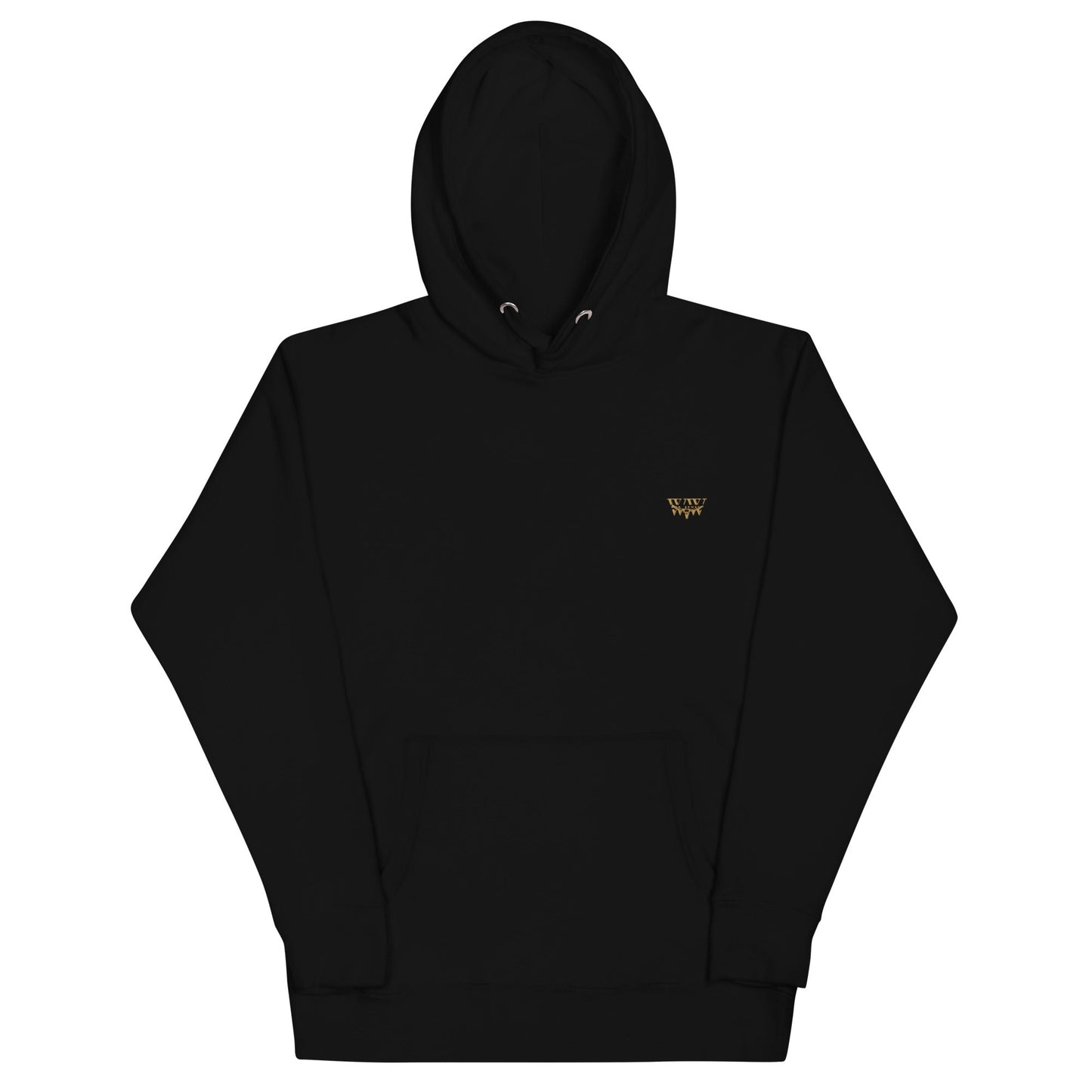 Unisex black hoodie with WanderWest logo embroidery, pouch pocket, and drawstrings.