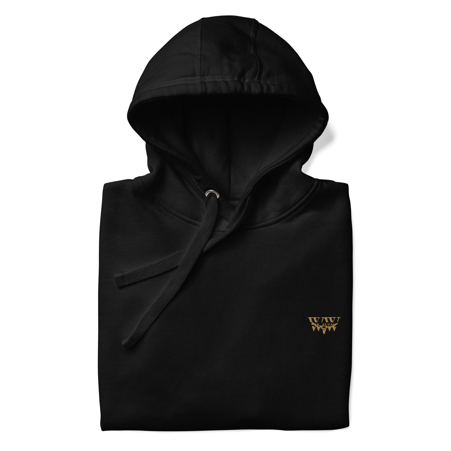 Black unisex WanderWest logo embroidered hoodie with front pouch pocket and drawstring hood