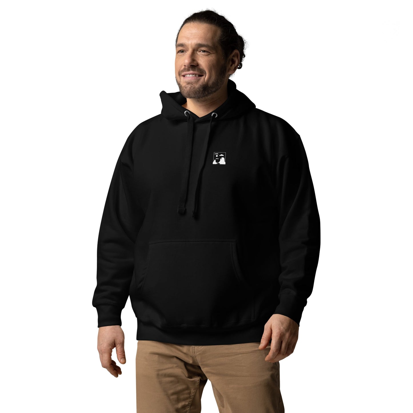 Monument Valley unisex black hoodie with front pouch pocket and small graphic on chest worn by man