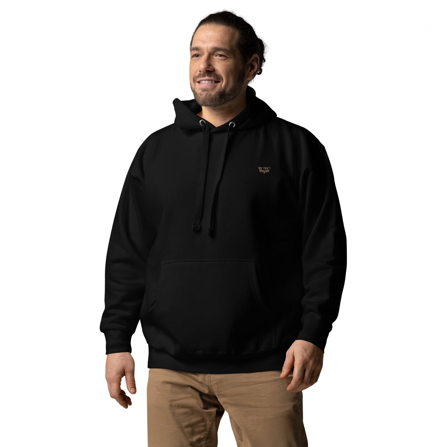Man wearing black WanderWest logo embroidered hoodie with front pouch pocket and drawstrings
