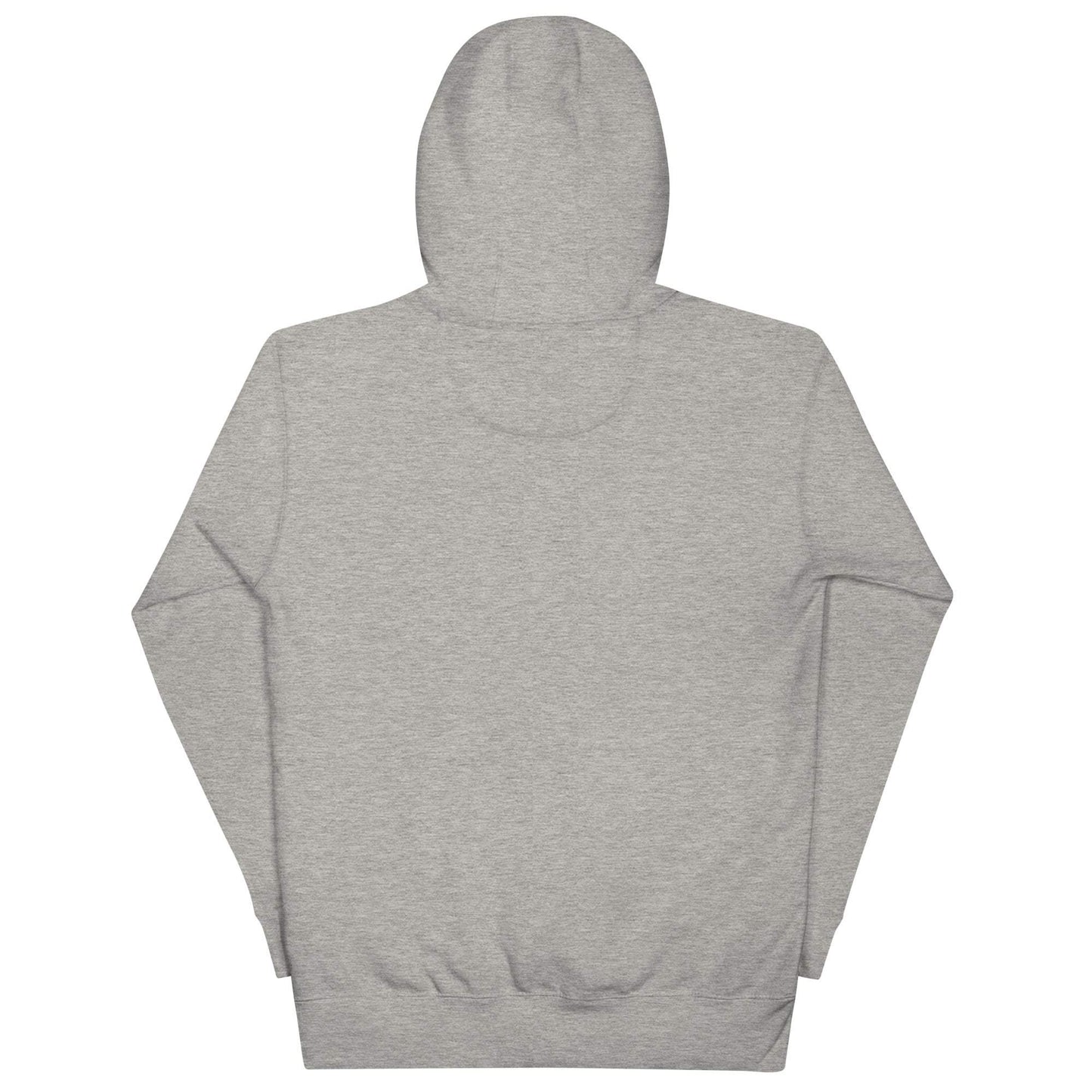 Back view of gray WanderWest logo embroidered unisex hoodie with hood and long sleeves