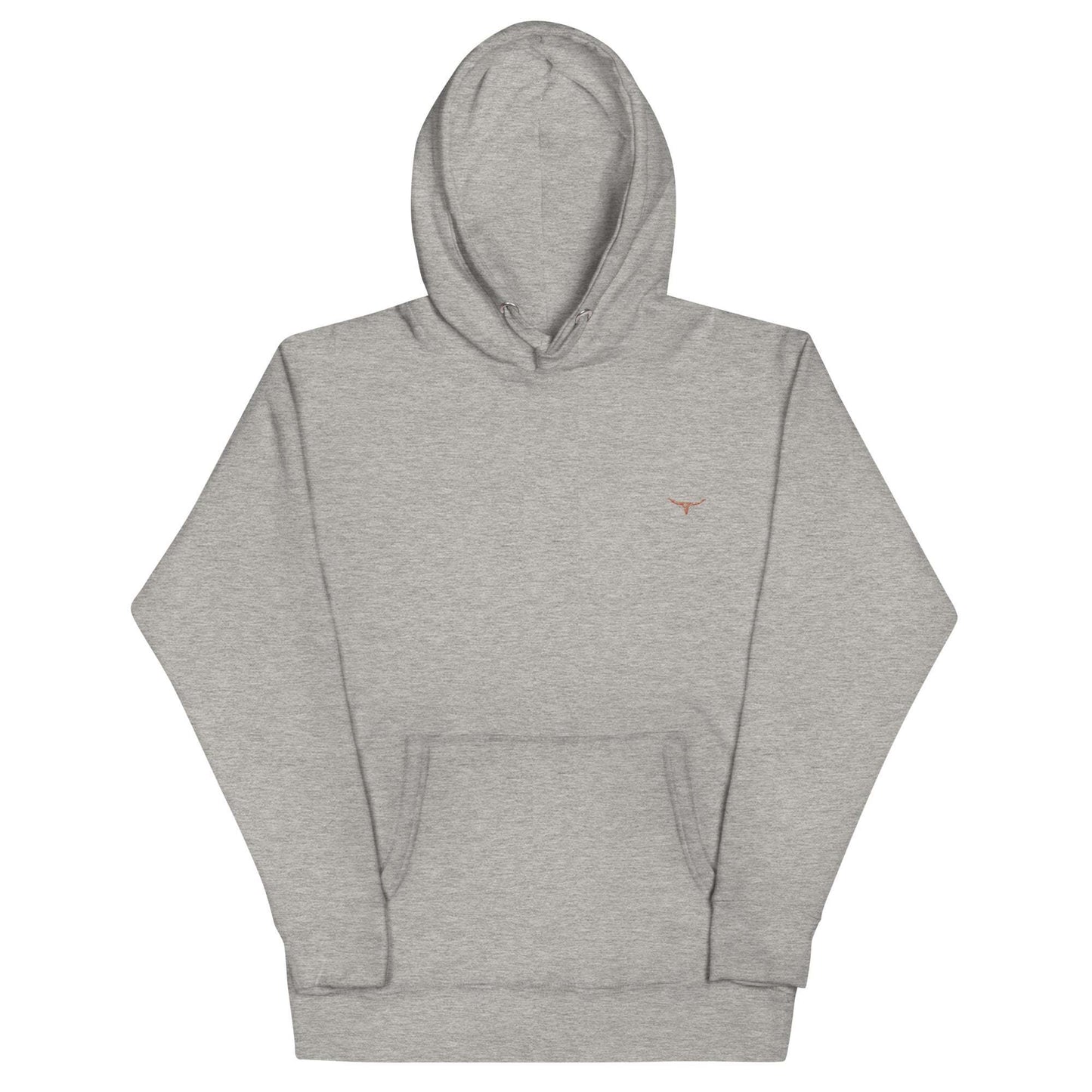 Unisex hoodie with embroidered long horn skull design, soft cotton blend, front pouch pocket, gray color.