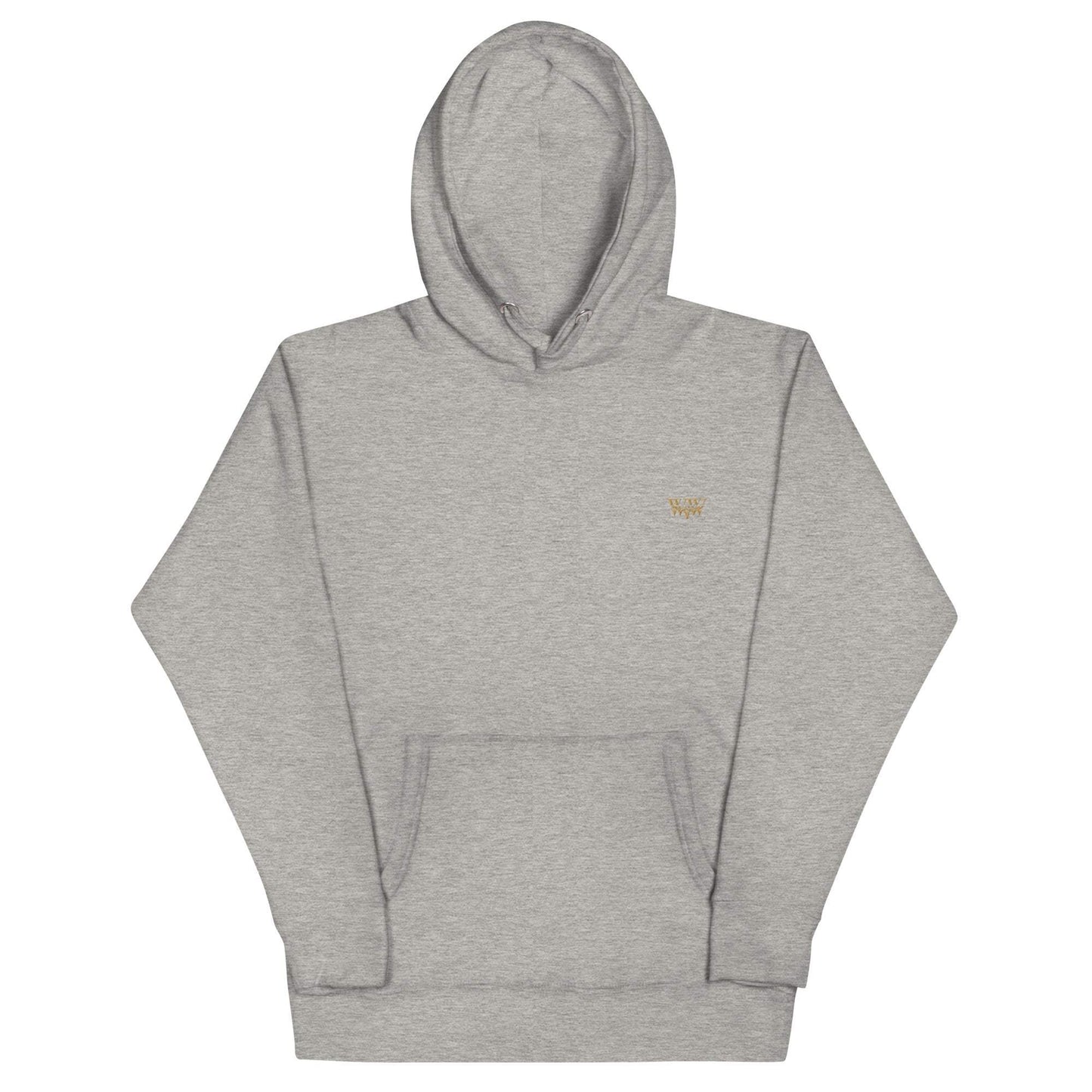 Gray WanderWest logo embroidered hoodie with front pouch pocket and matching drawstrings