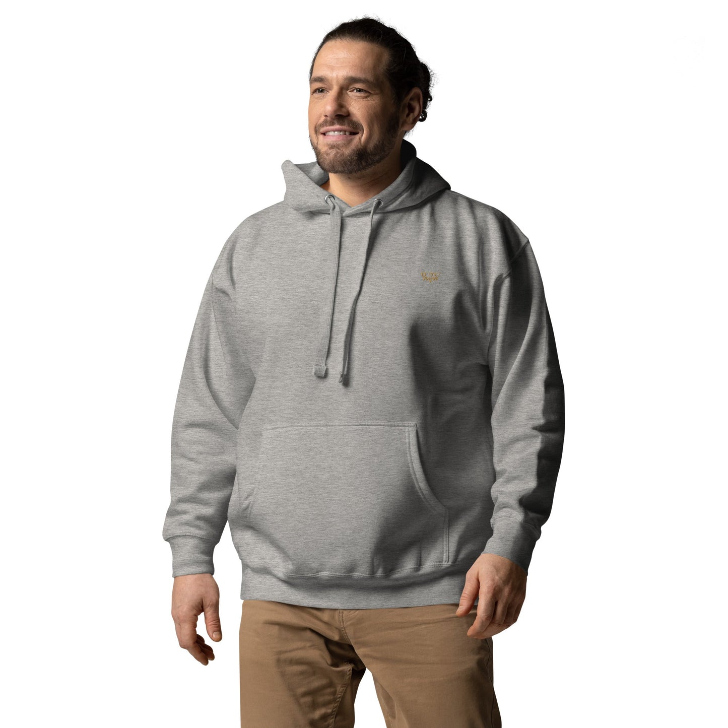 Man wearing gray WanderWest logo embroidered hoodie with front pouch pocket and drawstrings