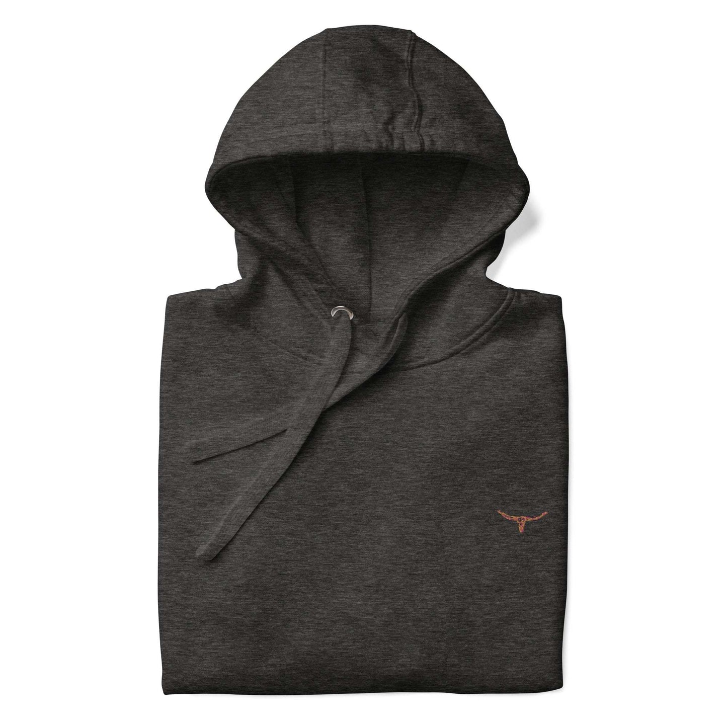 Long Horn Skull Embroidered Unisex Hoodie in dark fabric with front pouch pocket and hood.
