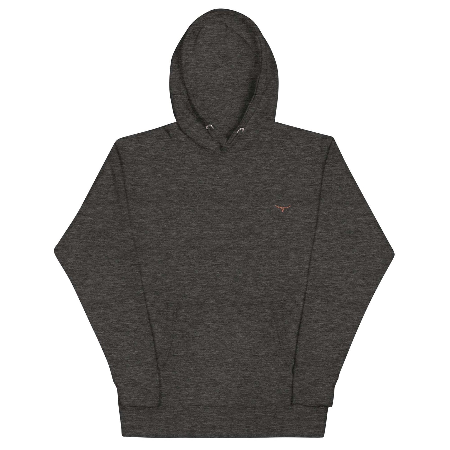 Long Horn Skull Embroidered Unisex Hoodie in dark fabric with a hood, featuring front pouch pocket and drawstrings.