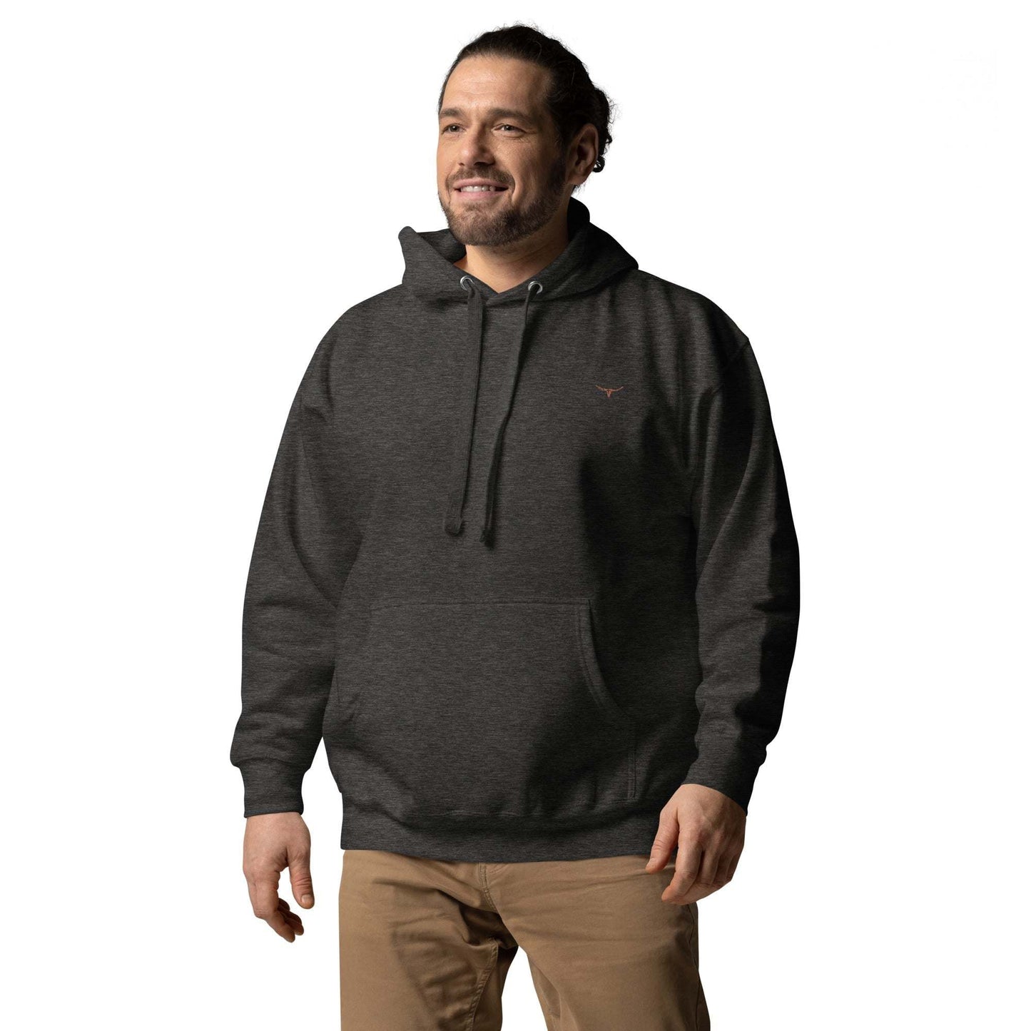 Long Horn Skull Embroidered Unisex Hoodie in dark gray with pouch pocket and drawstrings.