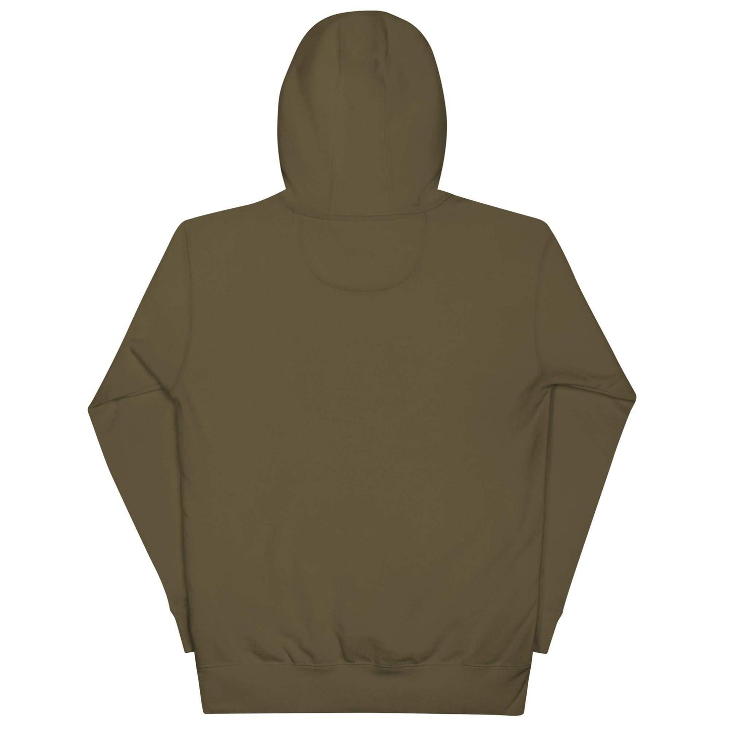 Back view of WanderWest Logo Embroidered Hoodie Unisex in olive green with hood and long sleeves