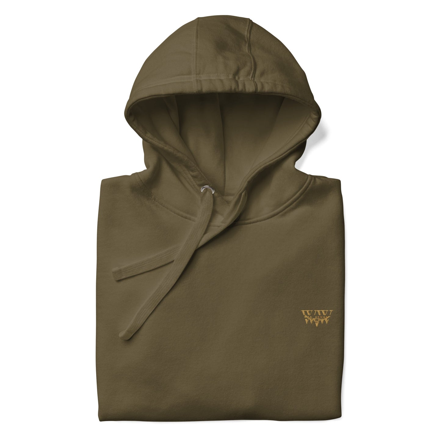 Folded olive green WanderWest logo embroidered hoodie with drawstrings and front pouch pocket