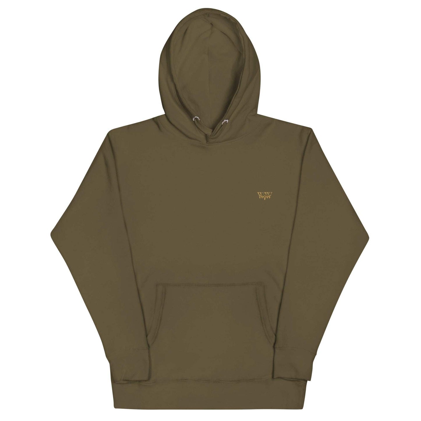 Unisex olive green WanderWest logo embroidered hoodie with front pouch pocket and drawstring hood