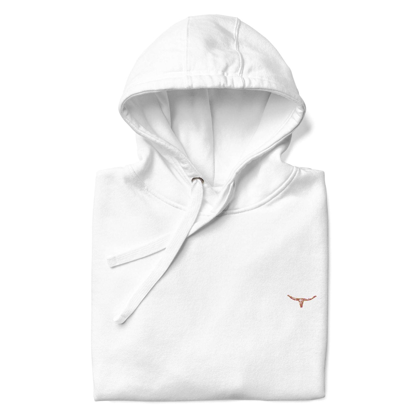 White unisex hoodie with embroidered long horn skull design, featuring a pouch pocket and hood.