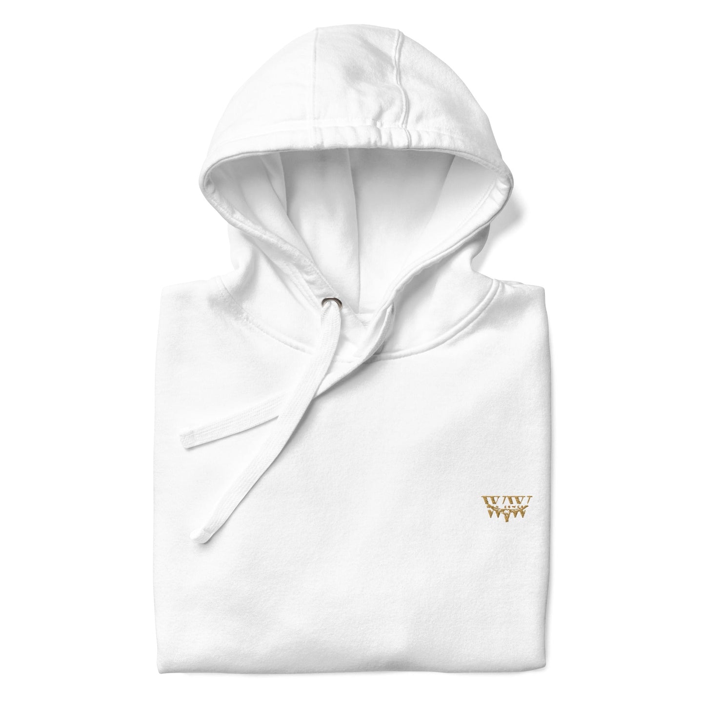White unisex WanderWest logo embroidered hoodie with front pouch pocket and matching drawstrings.