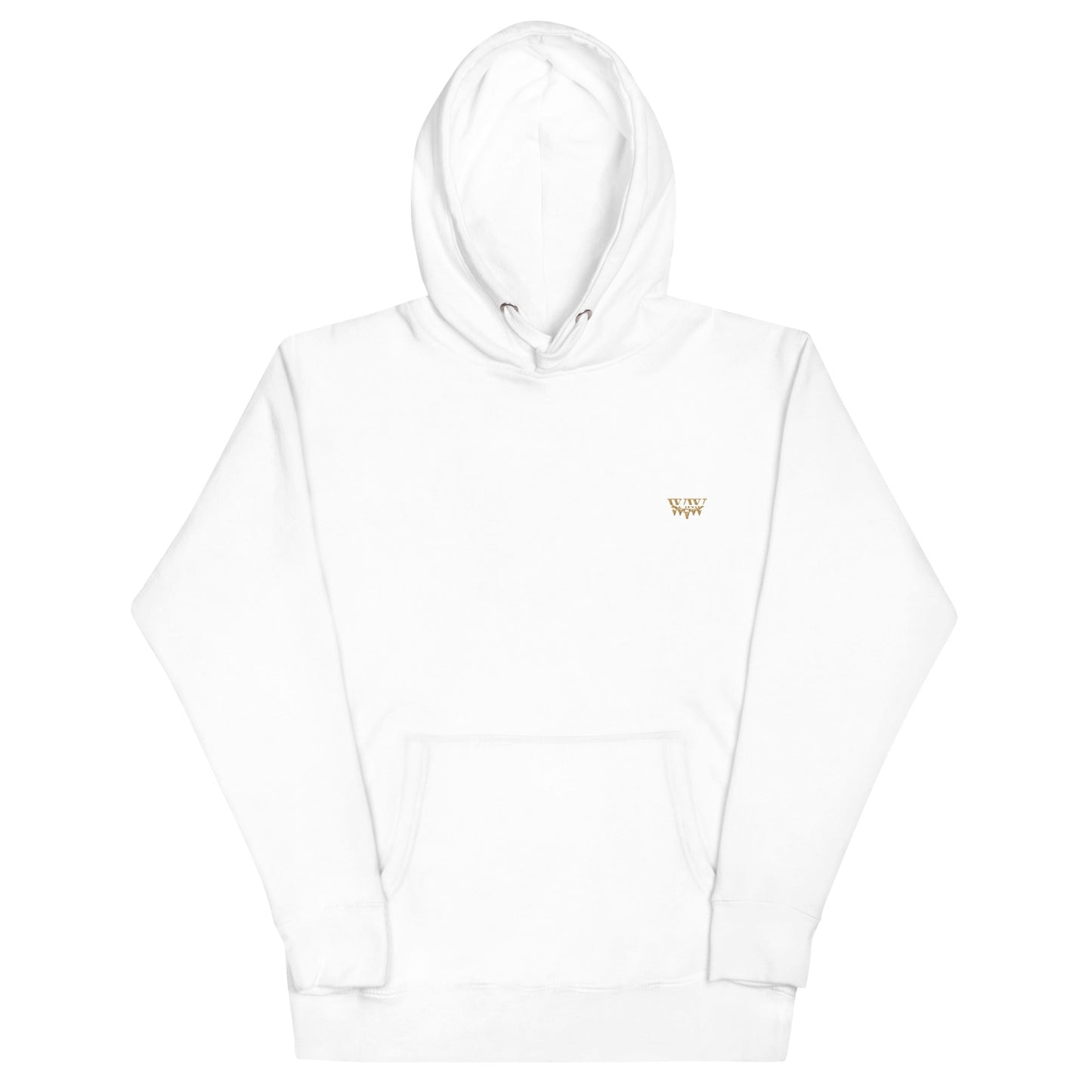 Unisex white hoodie with WanderWest logo embroidery, soft cotton blend, and pouch pocket.