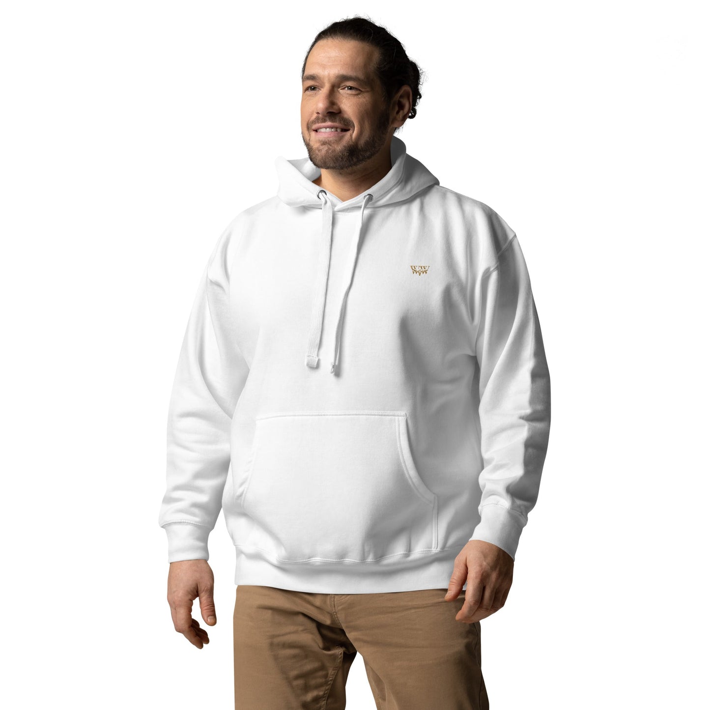 Unisex white WanderWest logo embroidered hoodie with front pouch pocket and drawstring hood worn by smiling man