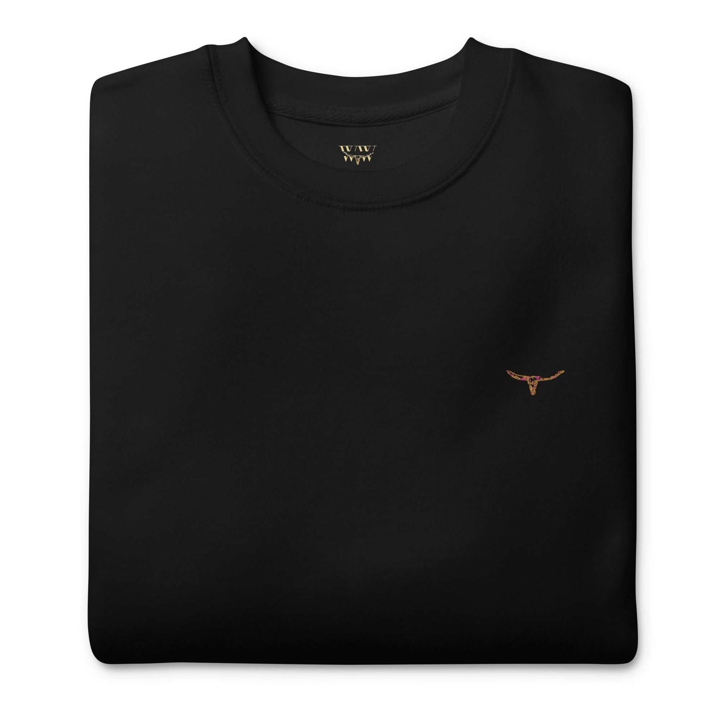 Black unisex sweatshirt with embroidered long horn skull design on chest, ribbed crew neck, and soft fleece interior.