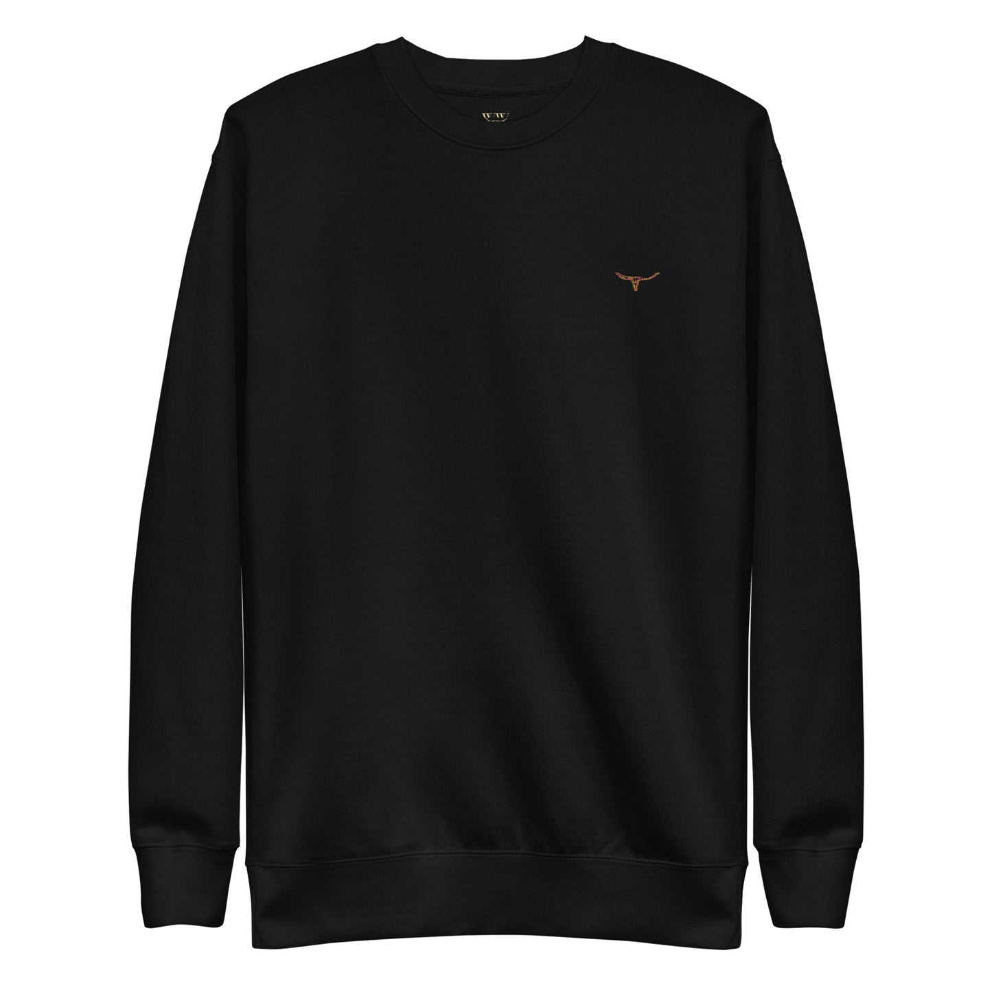 Black unisex premium sweatshirt with long horn skull embroidered on chest, ribbed crew neck and cuffs, soft fleece interior, and flat hem.