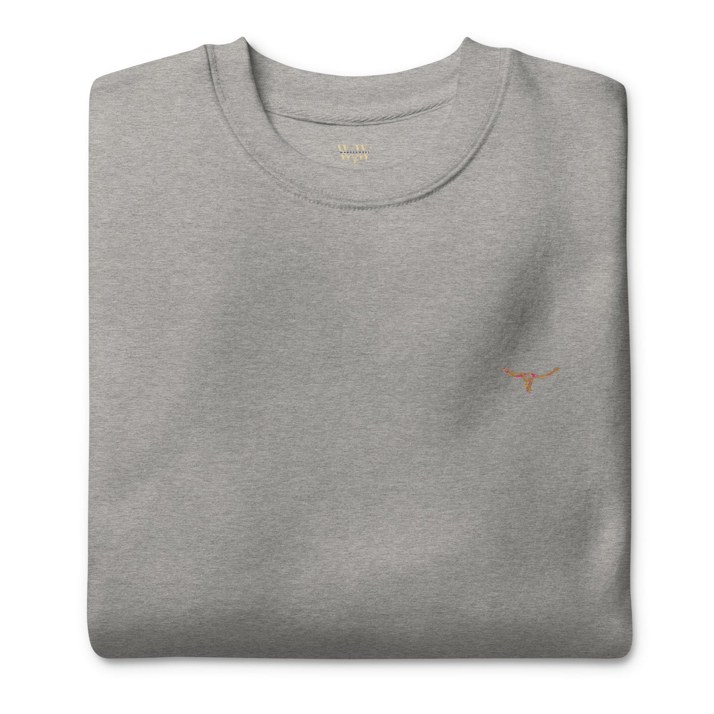 Folded gray sweatshirt with small embroidered long horn skull logo on chest, unisex premium cotton blend fabric.