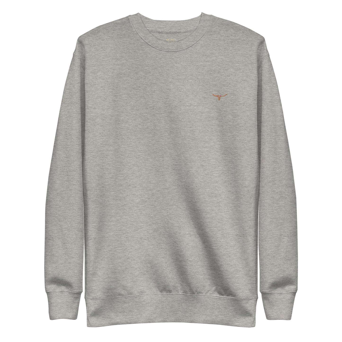 Unisex charcoal sweatshirt with long horn skull embroidered on chest, ribbed crew neck, cuffs, and hem, made from soft cotton blend fleece