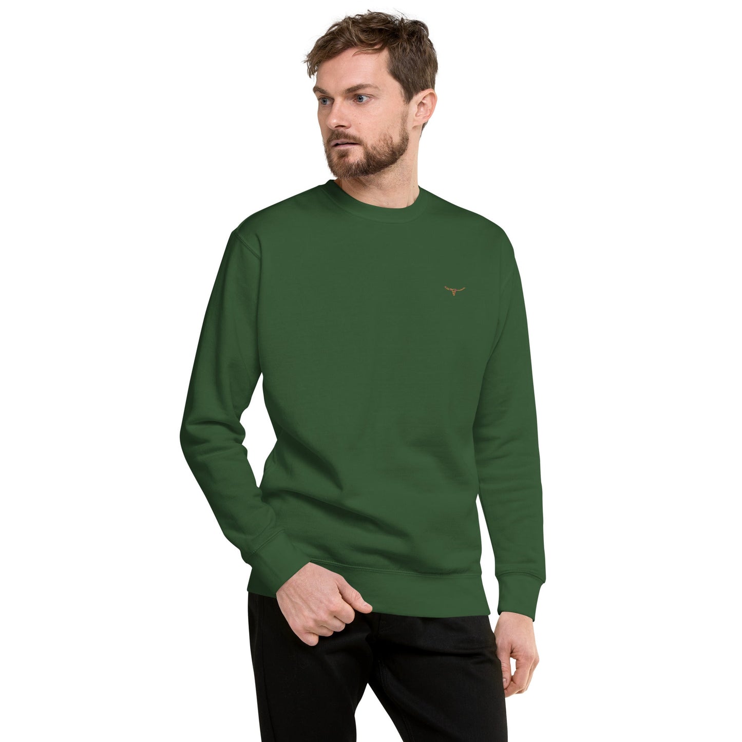 Unisex green sweatshirt with Long Horn Skull embroidered on chest, ribbed crew neck and cuffs, soft fleece interior, and comfortable fit.