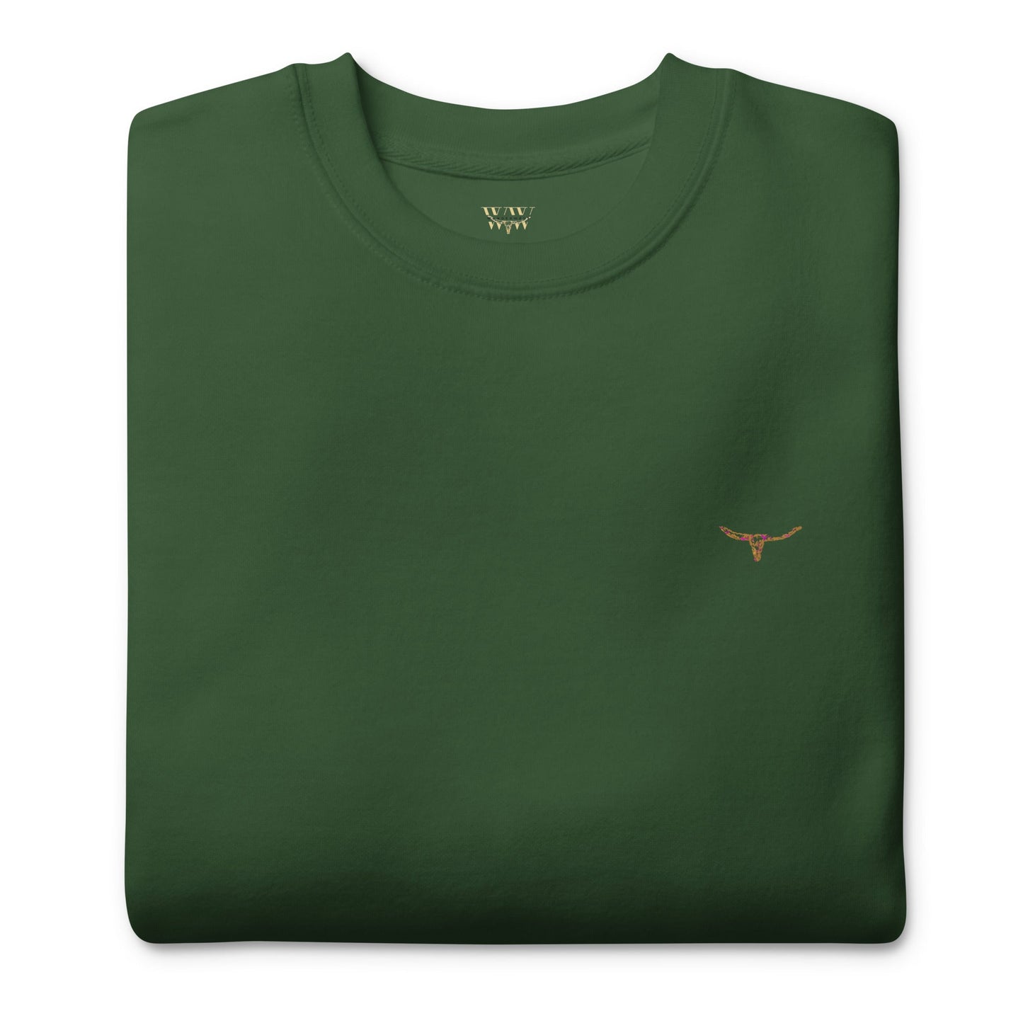 Dark green unisex sweatshirt with small embroidered long horn skull detail on chest, ribbed crew neck and cuffs, soft fleece interior.