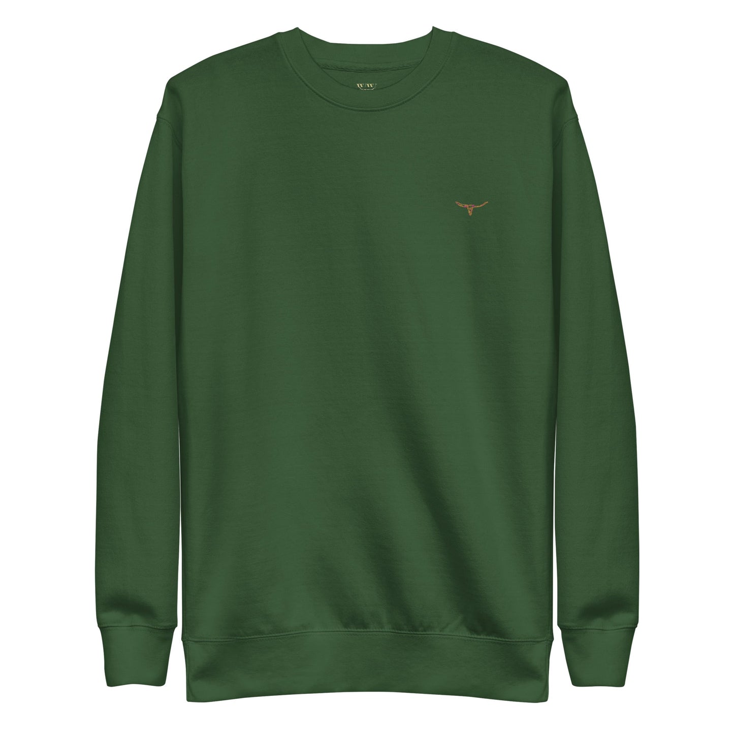 Green unisex premium sweatshirt with long horn skull embroidered design, ribbed crew neck and cuffs, soft fleece interior.