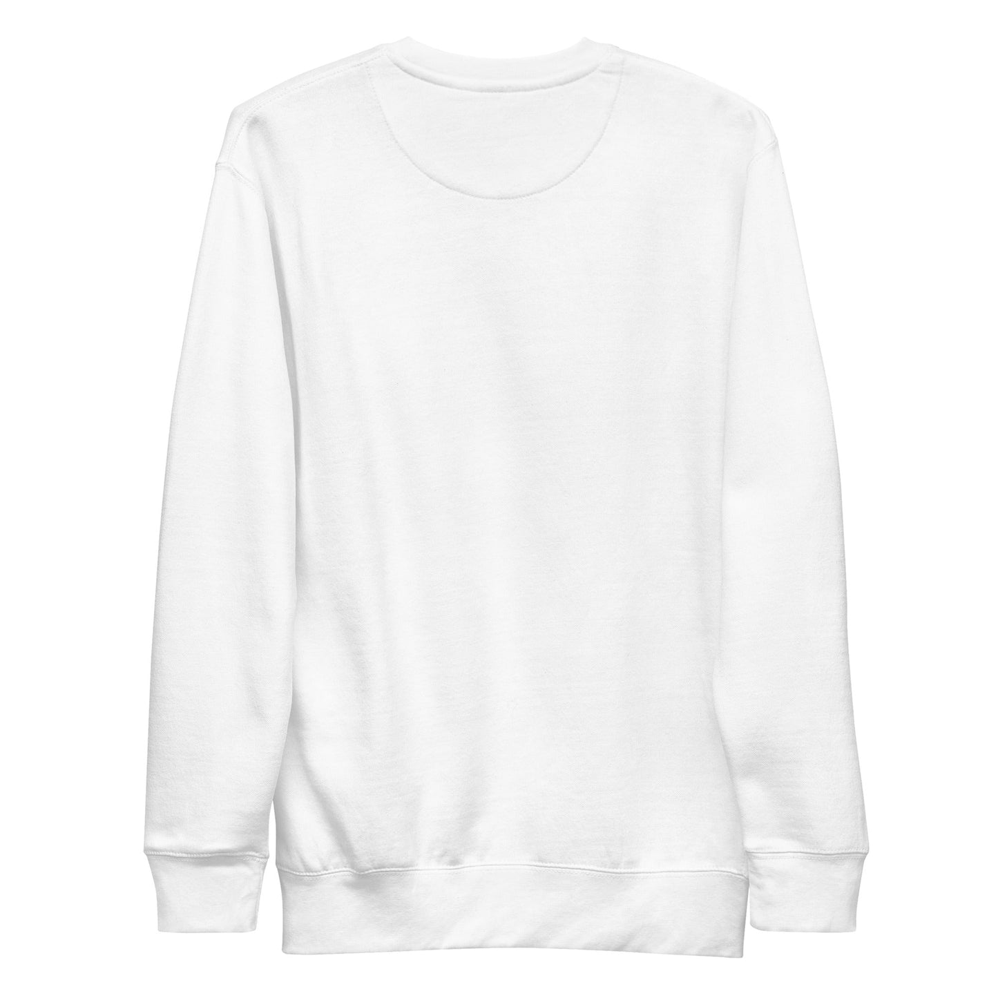 White unisex premium sweatshirt with ribbed crew neck, long sleeves, and flat hem, soft fleece inside, designed for Long Horn Skull embroidery.