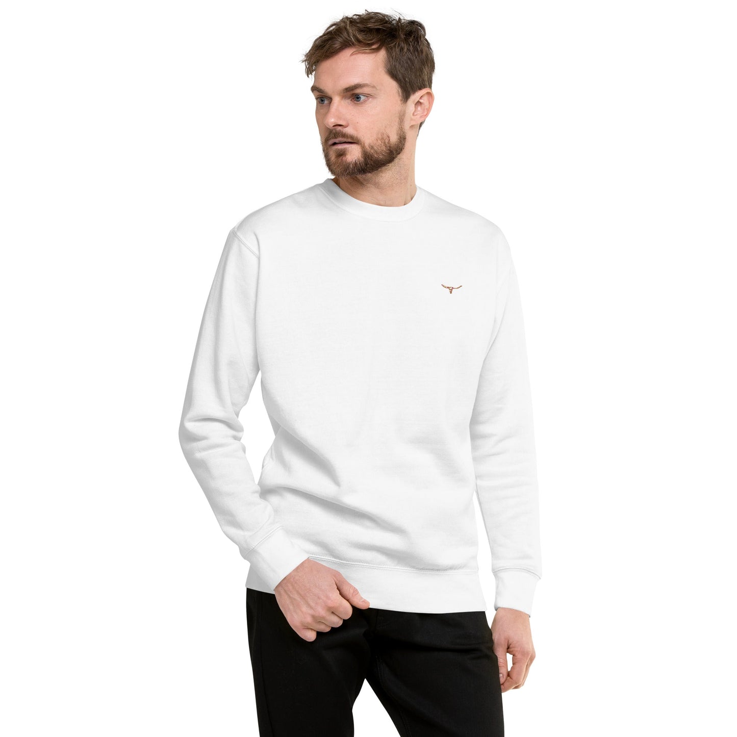 Unisex white sweatshirt with long horn skull embroidered on chest, ribbed crew neck and cuffs, soft fleece interior, casual fit