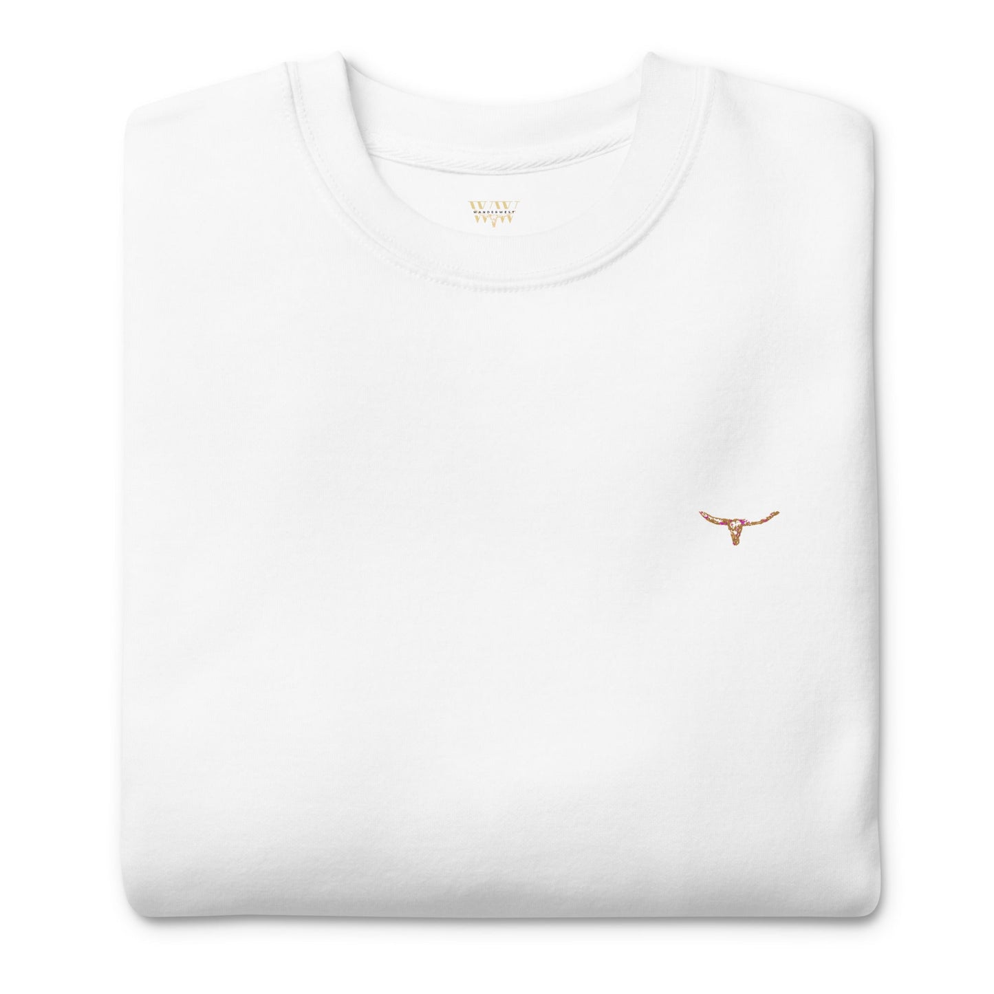 White unisex premium sweatshirt with small embroidered long horn skull design on chest