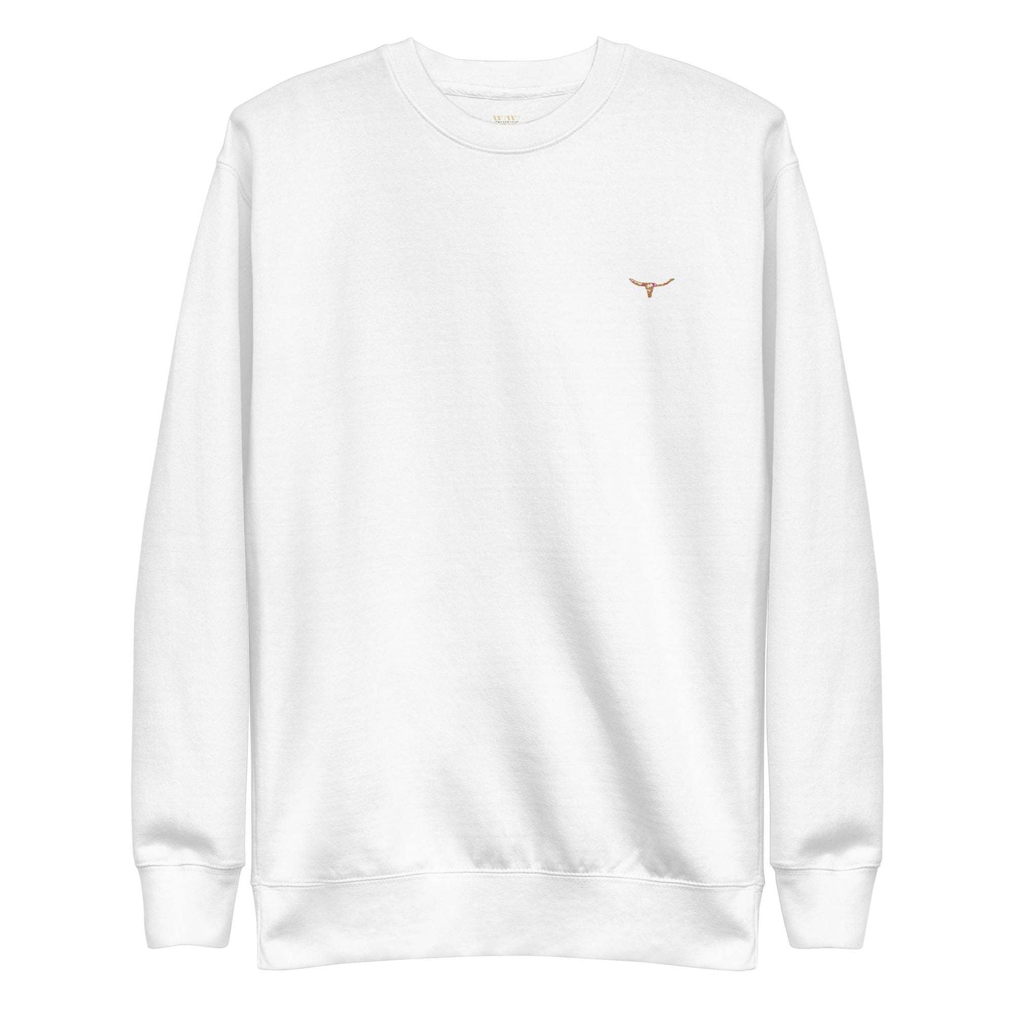 White unisex sweatshirt with small long horn skull embroidered on chest, ribbed crew neck and cuffs, soft fleece interior.