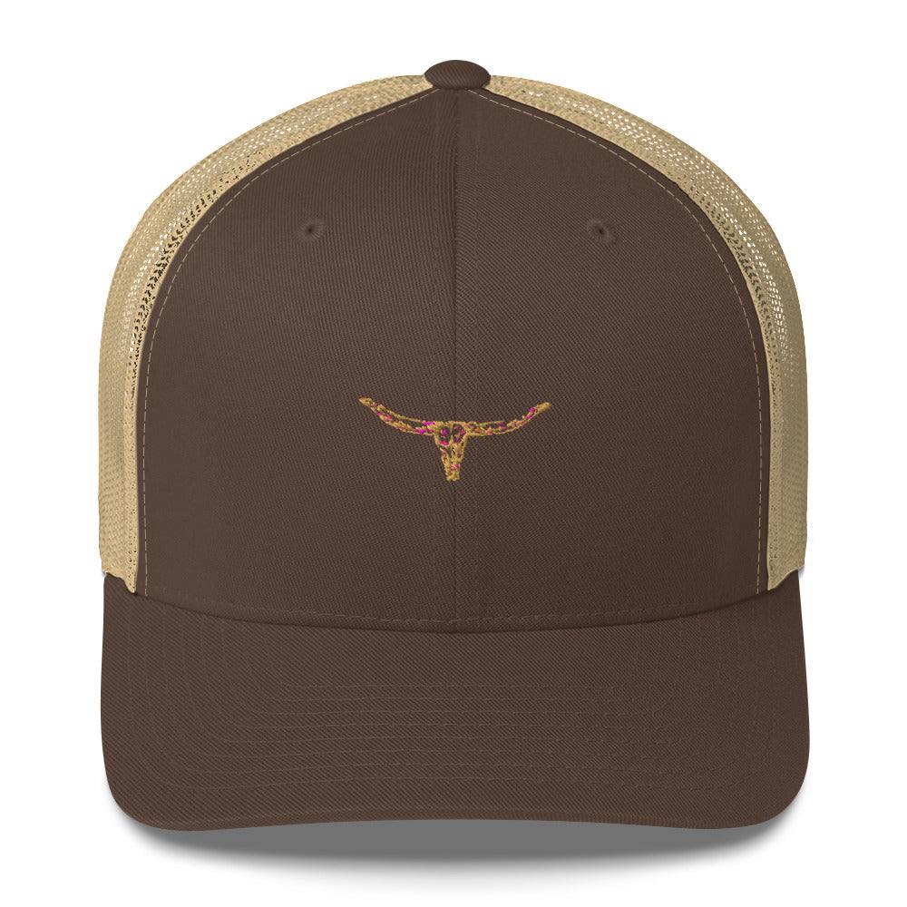 Longhorn Bull Skull Trucker Cap with Mesh Back and Embroidered Design