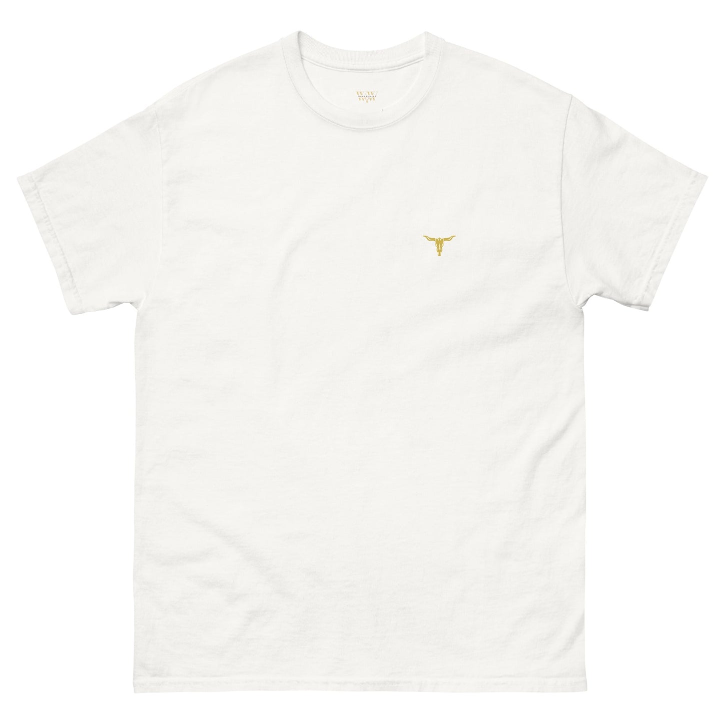 White Bull Horn Unisex classic tee made of 100% cotton with small gold bull horn logo on chest