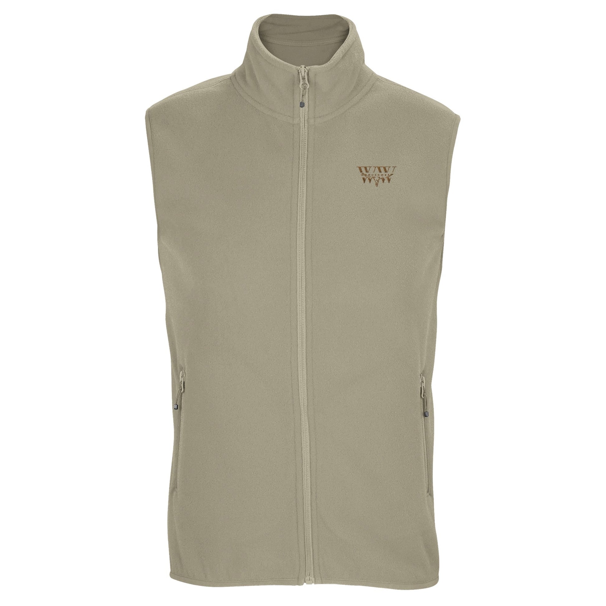 Unisex microfleece zip vest with WanderWest logo, made from 100% recycled polyester, featuring side zip pockets and contrasting zip pullers.