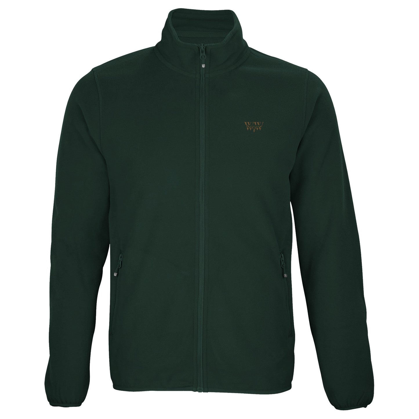 Men's WanderWest Logo Embroidered Fleece Jacket in dark green with full-length zip and front pockets.