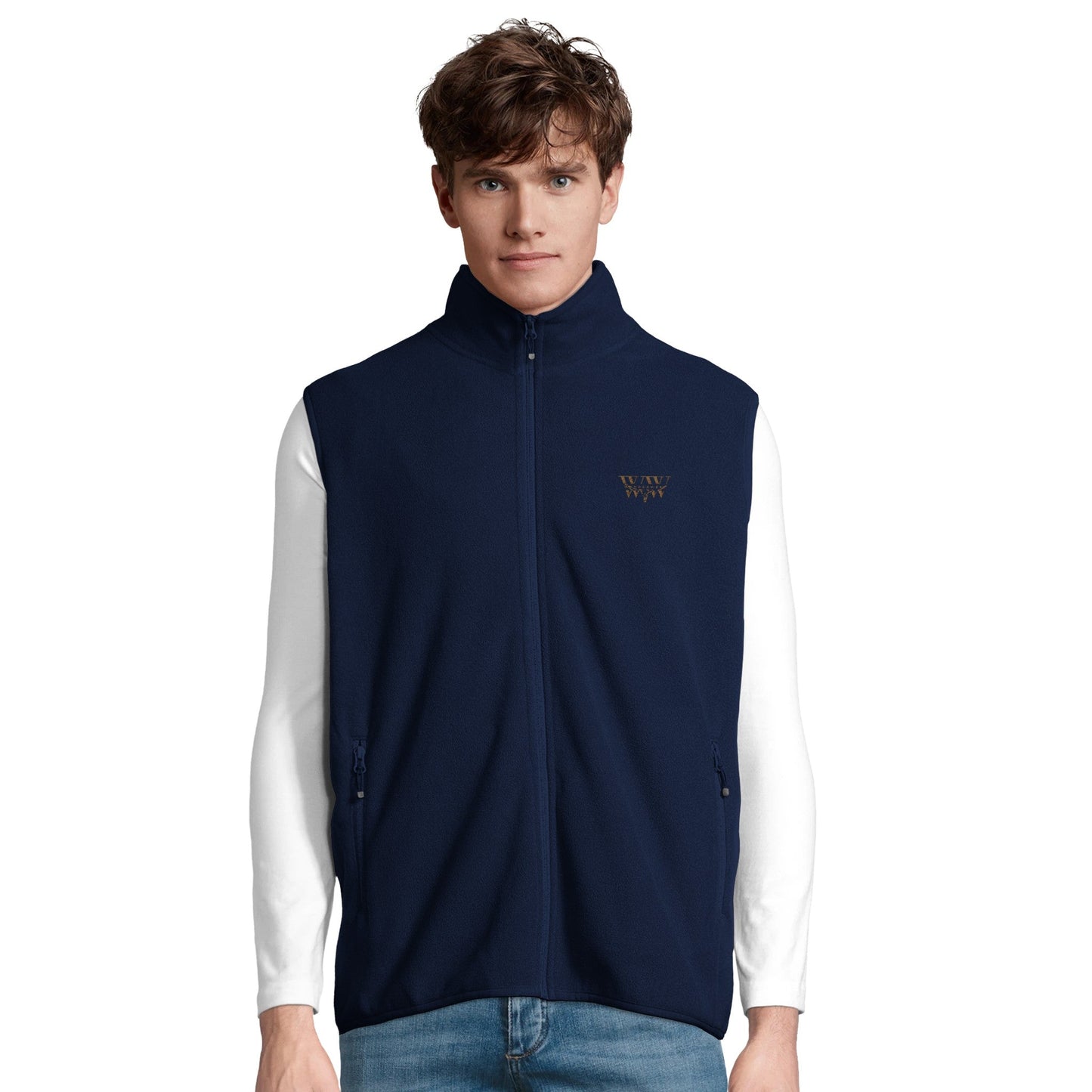 Unisex microfleece zip vest with embroidered WanderWest logo, made from 100% recycled polyester, featuring side zip pockets and contrasting zip pullers.