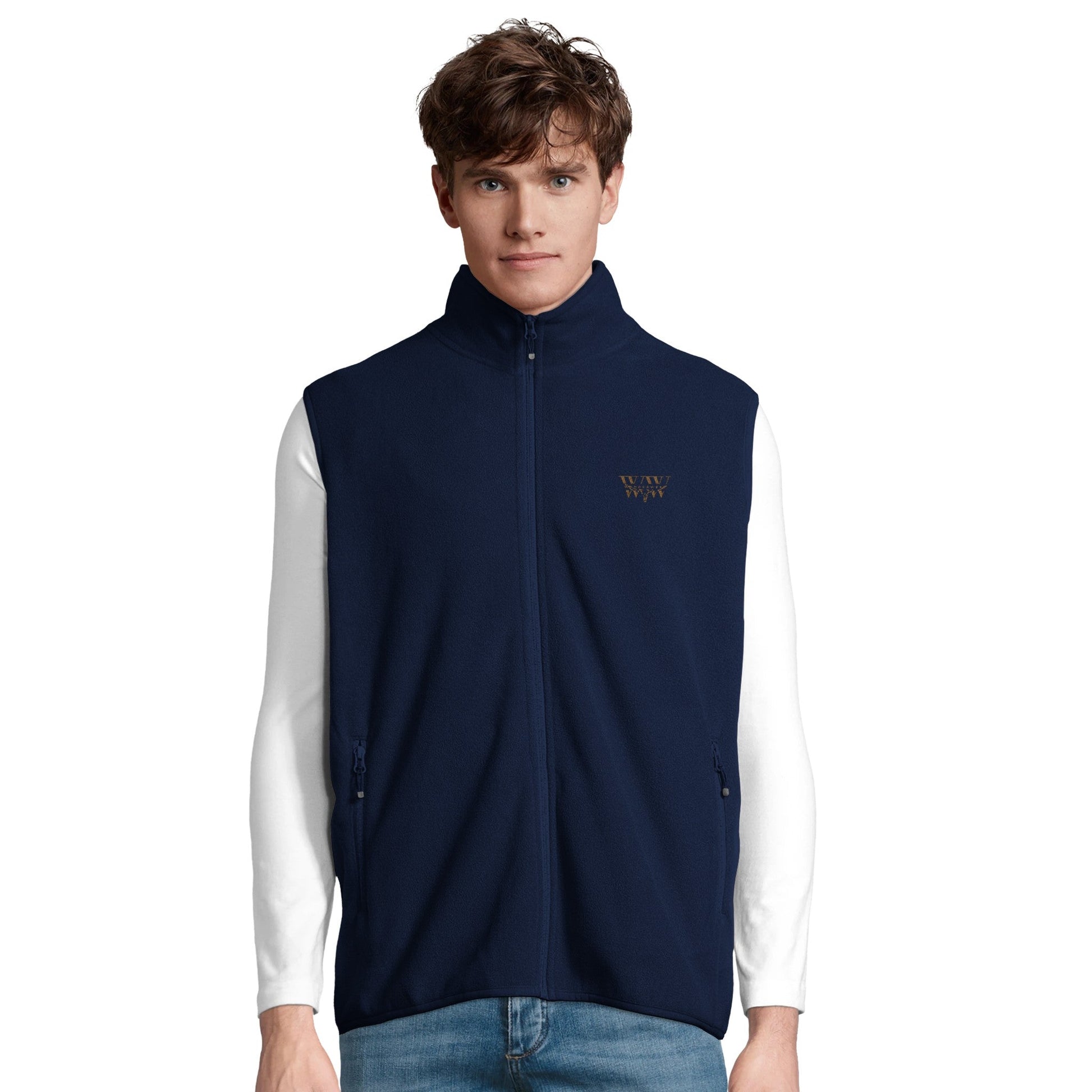 Unisex microfleece zip vest with embroidered WanderWest logo, made from 100% recycled polyester, featuring side zip pockets and contrasting zip pullers.