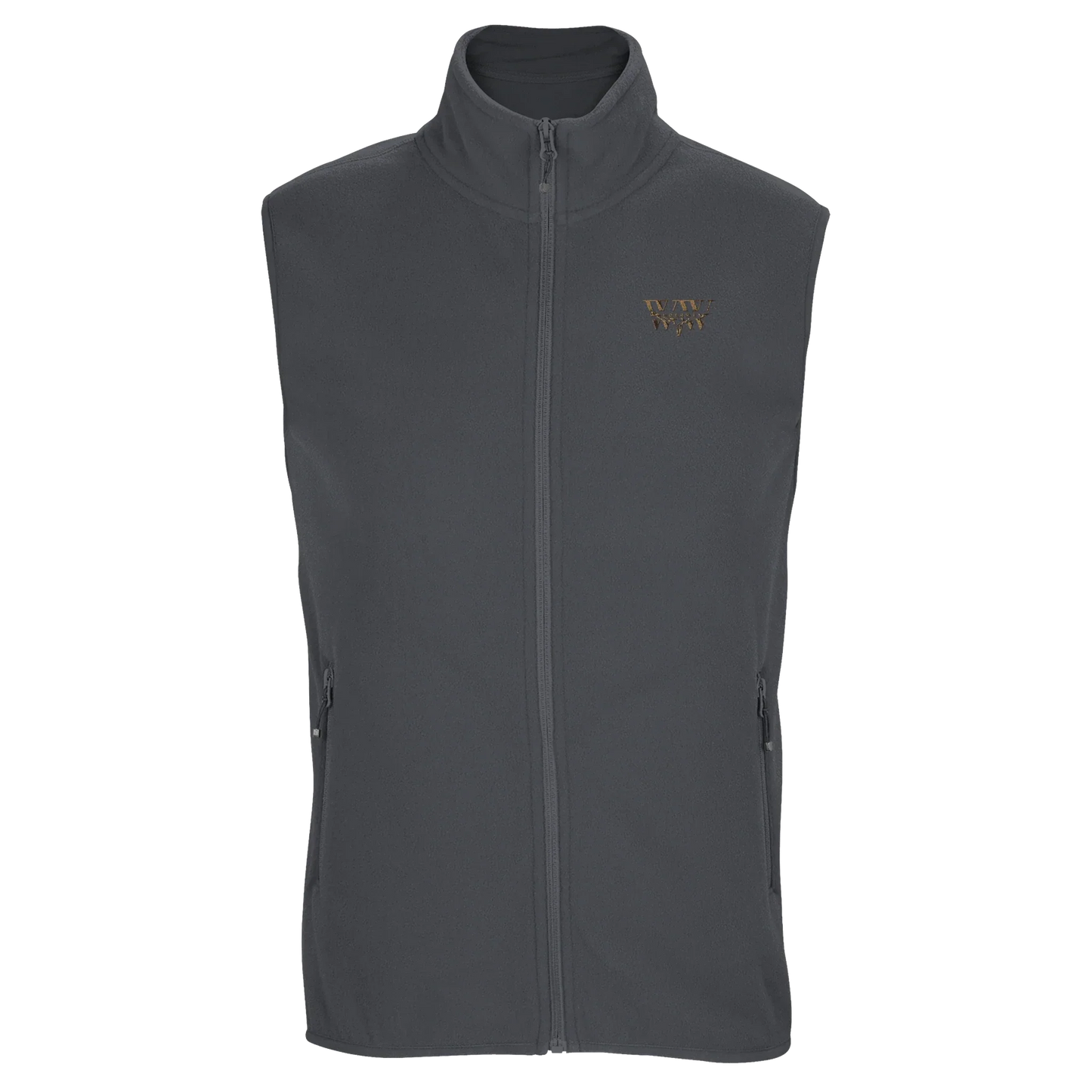 The WanderWest Smokehouse Gilet, sustainable charcoal grey microfleece vest with functional pockets and stylish details, perfect for ecoconscious outdoor adventures.