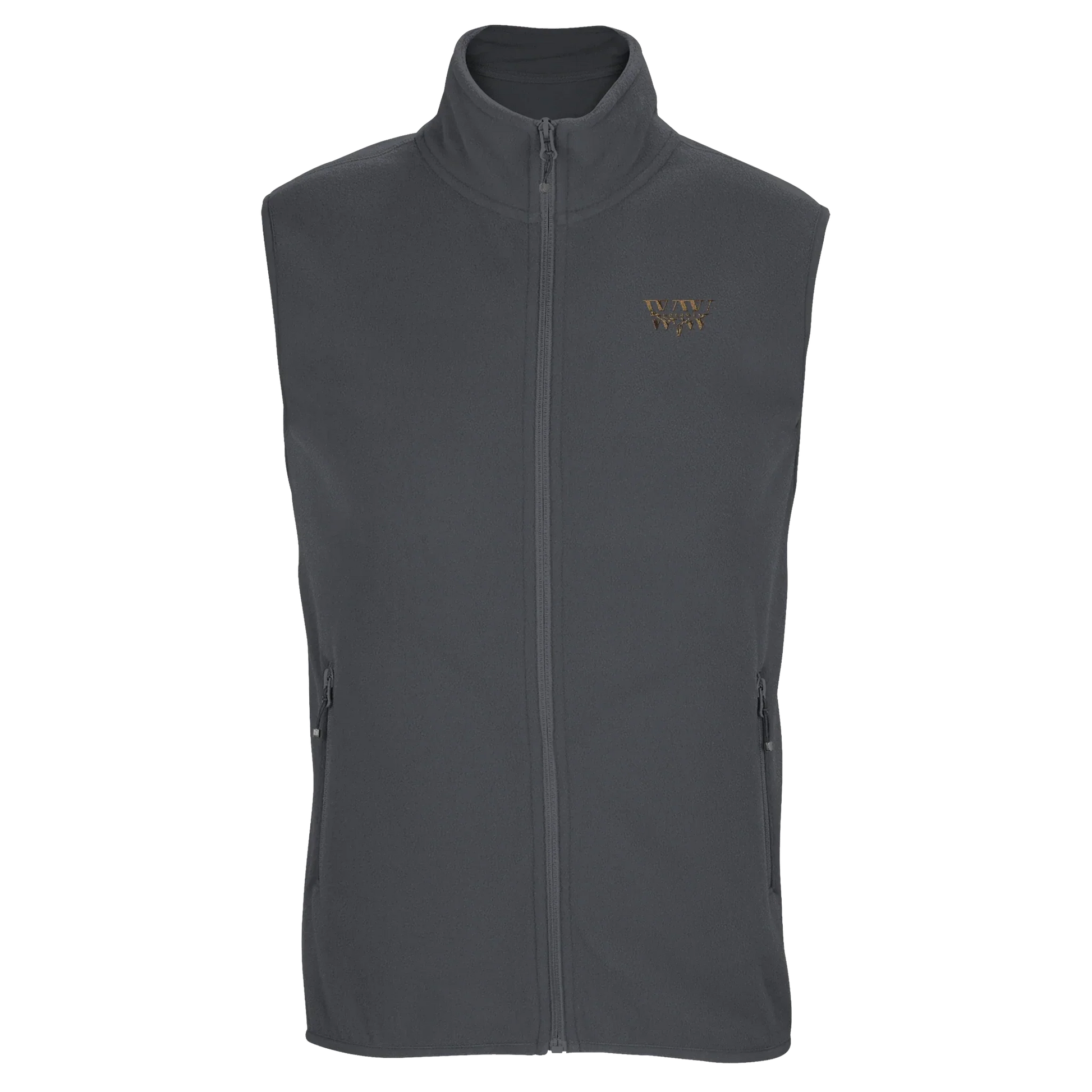 The WanderWest Smokehouse Gilet, sustainable charcoal grey microfleece vest with functional pockets and stylish details, perfect for ecoconscious outdoor adventures.