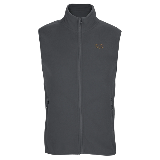 The WanderWest Smokehouse Gilet, sustainable charcoal grey microfleece vest with functional pockets and stylish details, perfect for ecoconscious outdoor adventures.