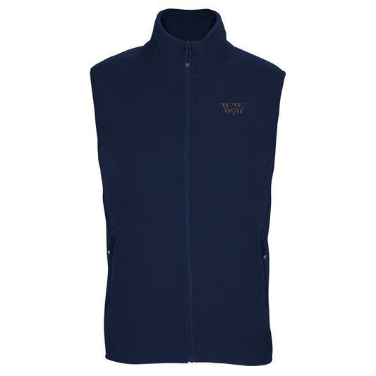 Unisex microfleece vest with WanderWest logo, made from 100% recycled polyester, featuring side zip pockets and elasticated hem.