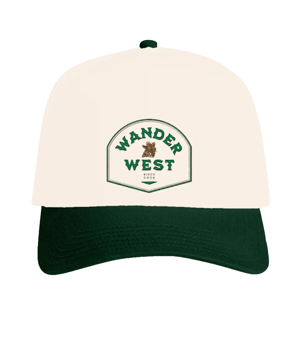 Western Crest Country Cap in natural and forest colourway styled for western streetwear and UK fashion