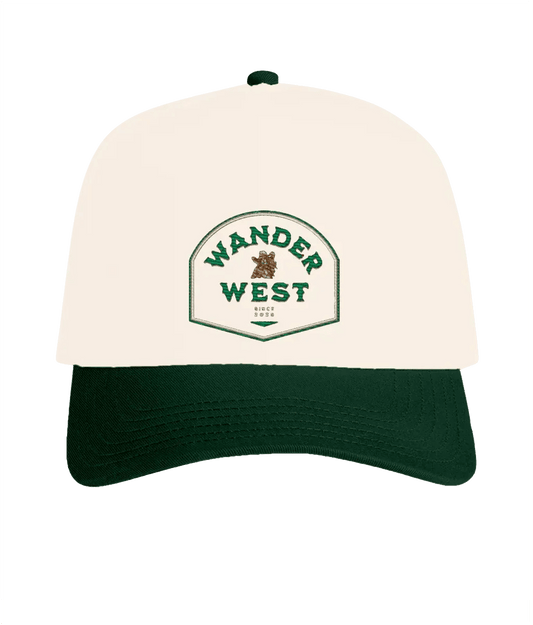Western Crest Country Cap in natural and forest colourway styled for western streetwear and UK fashion