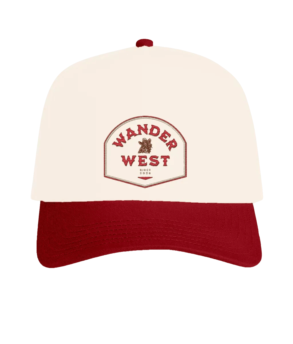 Western Crest Country Cap in natural and cardinal colourway styled for western streetwear and UK fashion