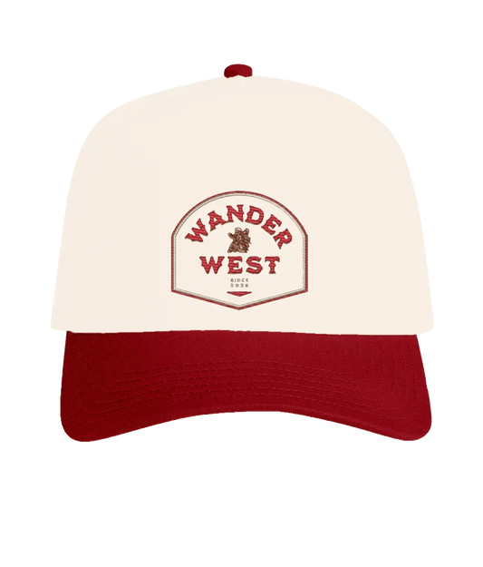 Western Crest Country Cap in natural and cardinal colourway styled for western streetwear and UK fashion