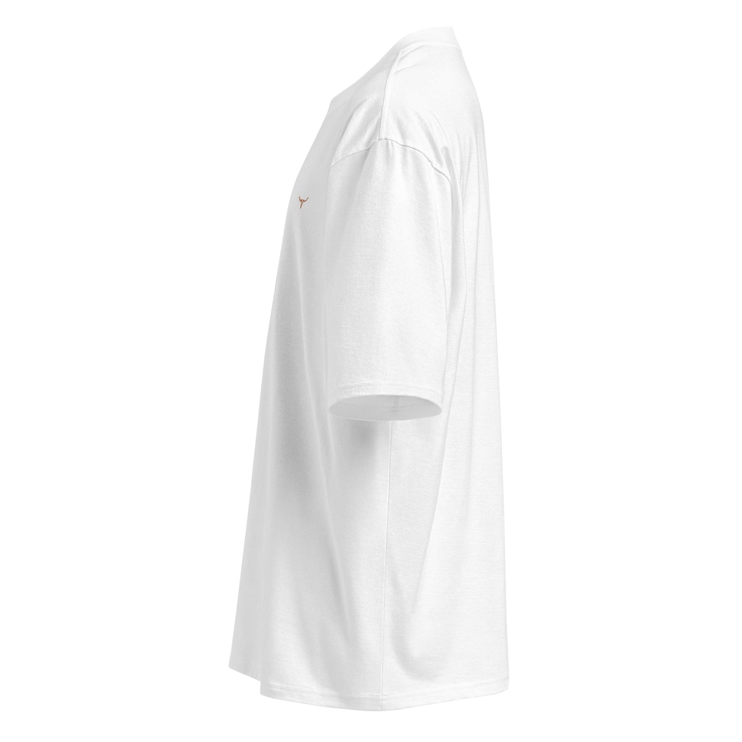 White oversized heavyweight t-shirt with long horn skull embroidered design, breathable cotton fabric, and relaxed fit.