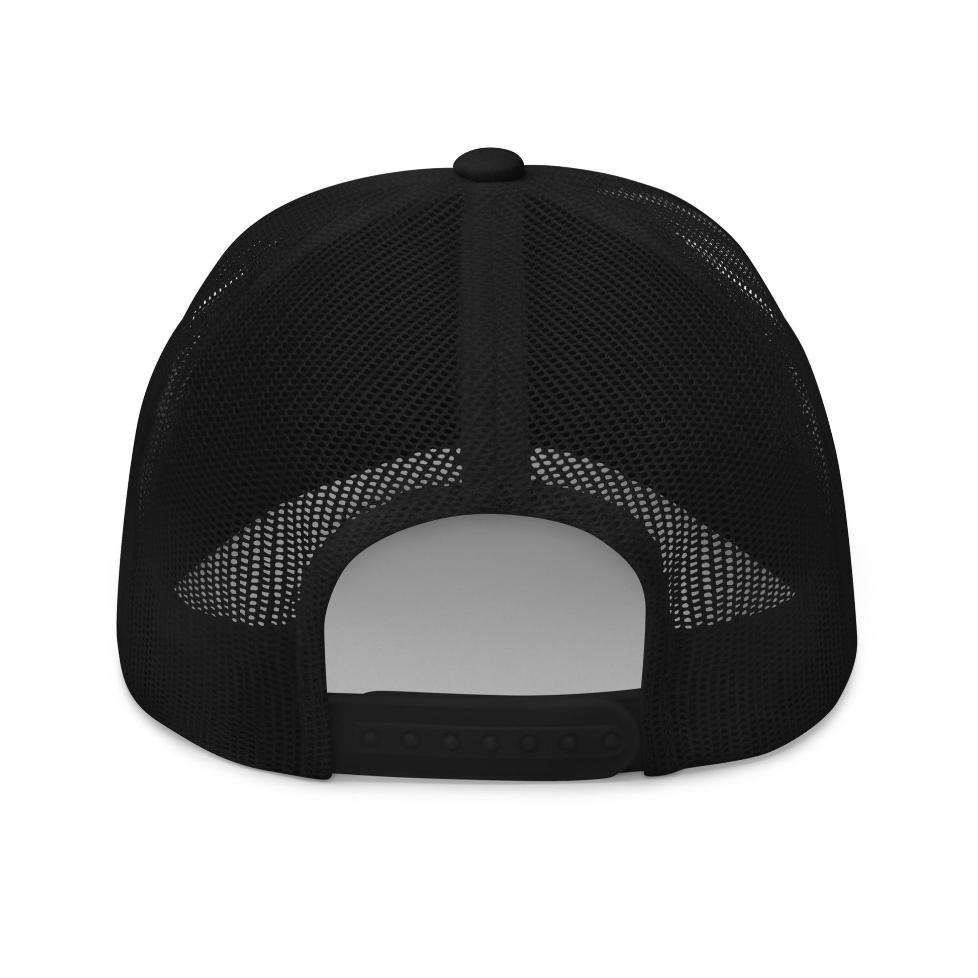 Back view of WanderWest Logo Trucker Cap with mesh design and adjustable closure.