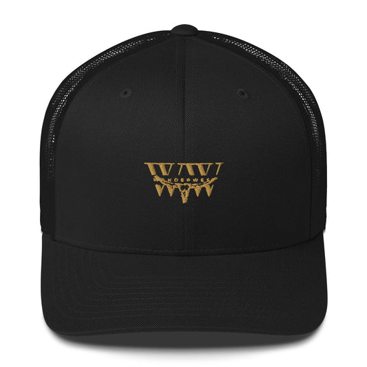 WanderWest Logo Trucker Cap with mesh back and gold embroidery on black fabric.