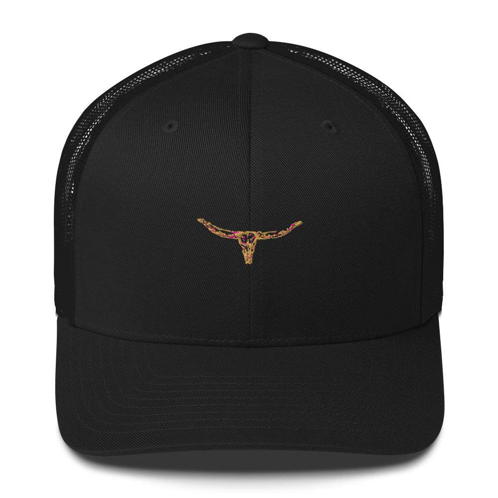 Longhorn Bull Skull design on black trucker cap with mesh back.