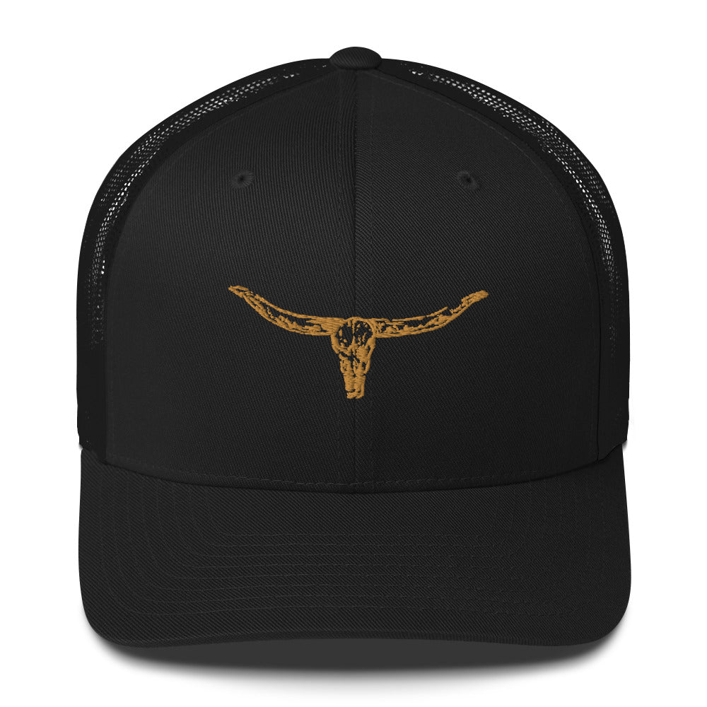 Discover the Midnight Rodeo Trucker Black, featuring Longhorn Bull Skull embroidery and sleek design. Perfect for road trips, casual wear showcasing Western spirit.