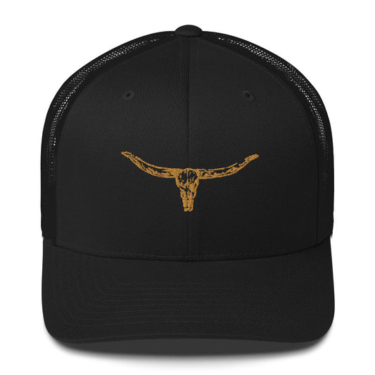 Discover the Midnight Rodeo Trucker Black, featuring Longhorn Bull Skull embroidery and sleek design. Perfect for road trips, casual wear showcasing Western spirit.