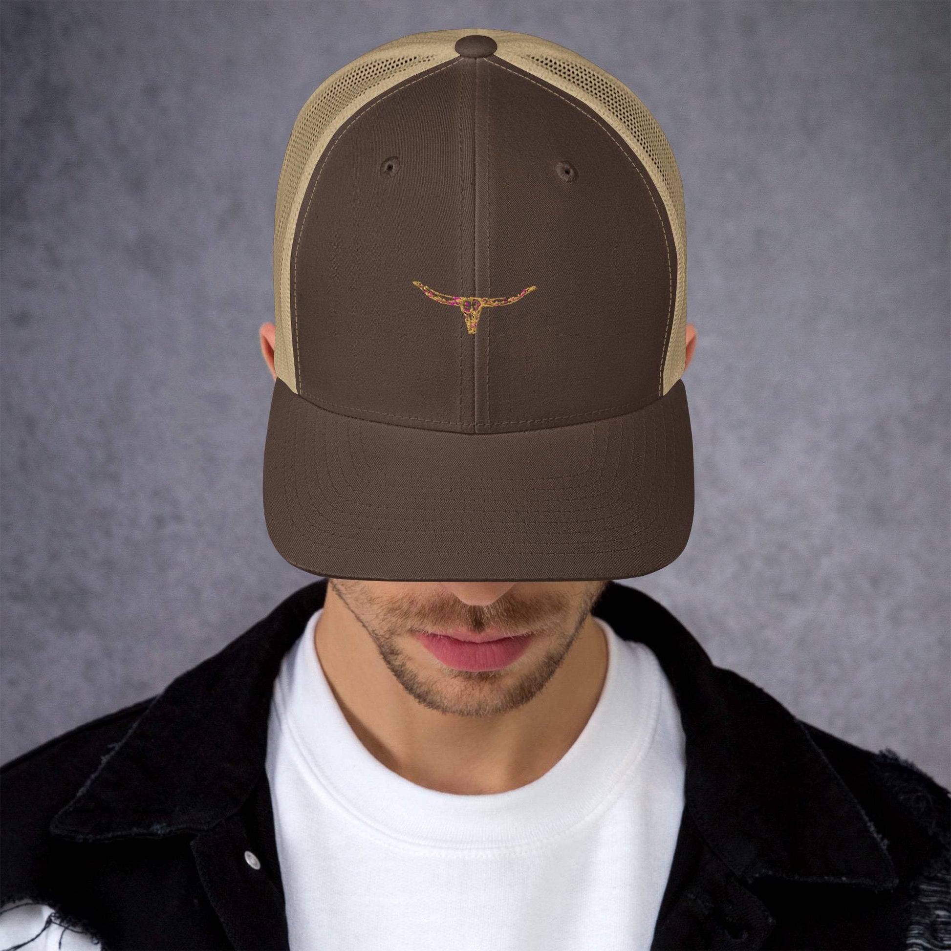 Longhorn Bull Skull Trucker Cap with mesh back and embroidered design.
